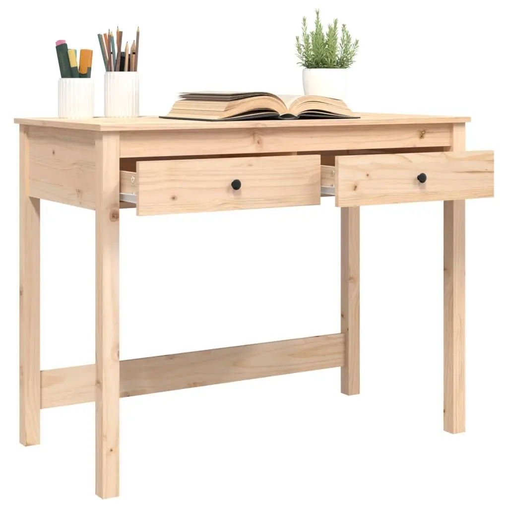 Solid Pine Wood Desk with 2 Drawers in Brown