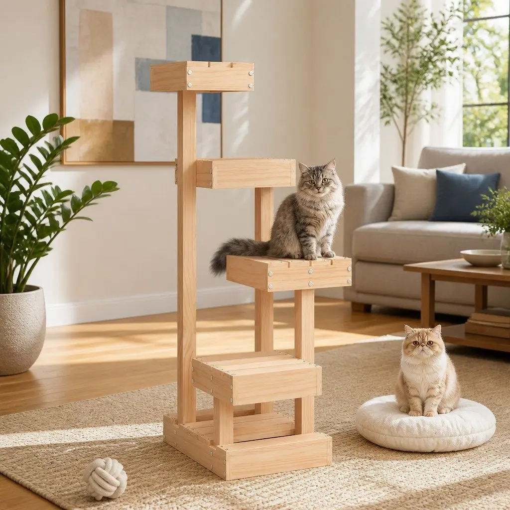 Wooden Cat Tree with 4 Platforms for Climbing