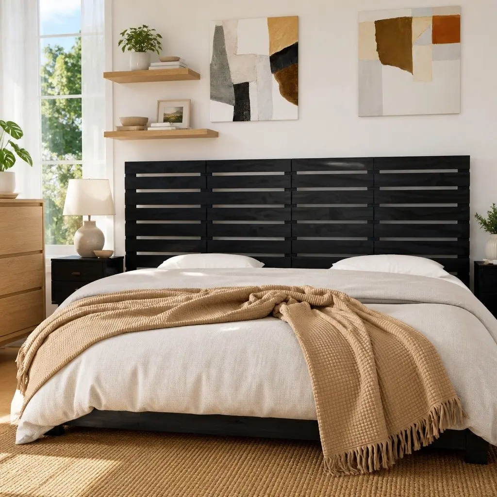 Solid Pine Wood Black Wall Headboard 186 cm