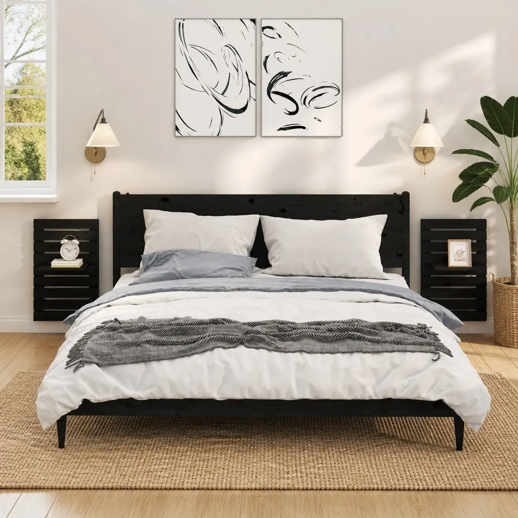 Wall-mounted Bedside Shelves 2 pcs Black Solid Pine Wood Storage Display
