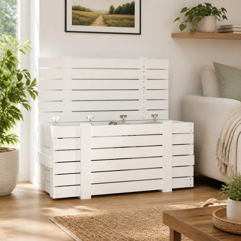 White Solid Wood Pine Storage Box with Hinged Lid