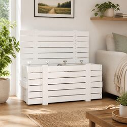 Storage Box White Solid Wood Pine Household Organiser Chest with Lid