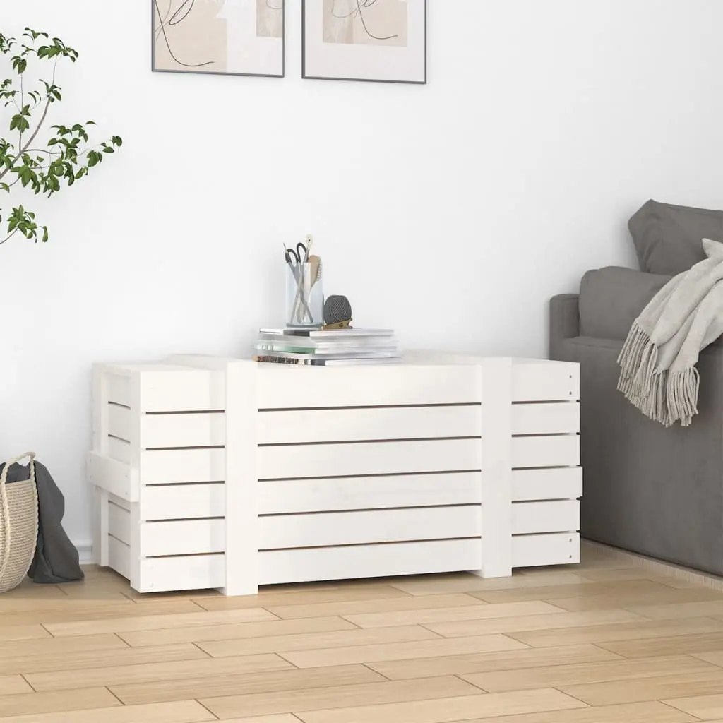 White Solid Wood Pine Storage Box with Hinged Lid