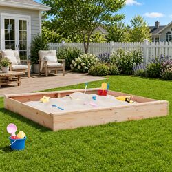 Wooden Sandbox with Seats Square Solid Pine Wood Outdoor Play Equipment