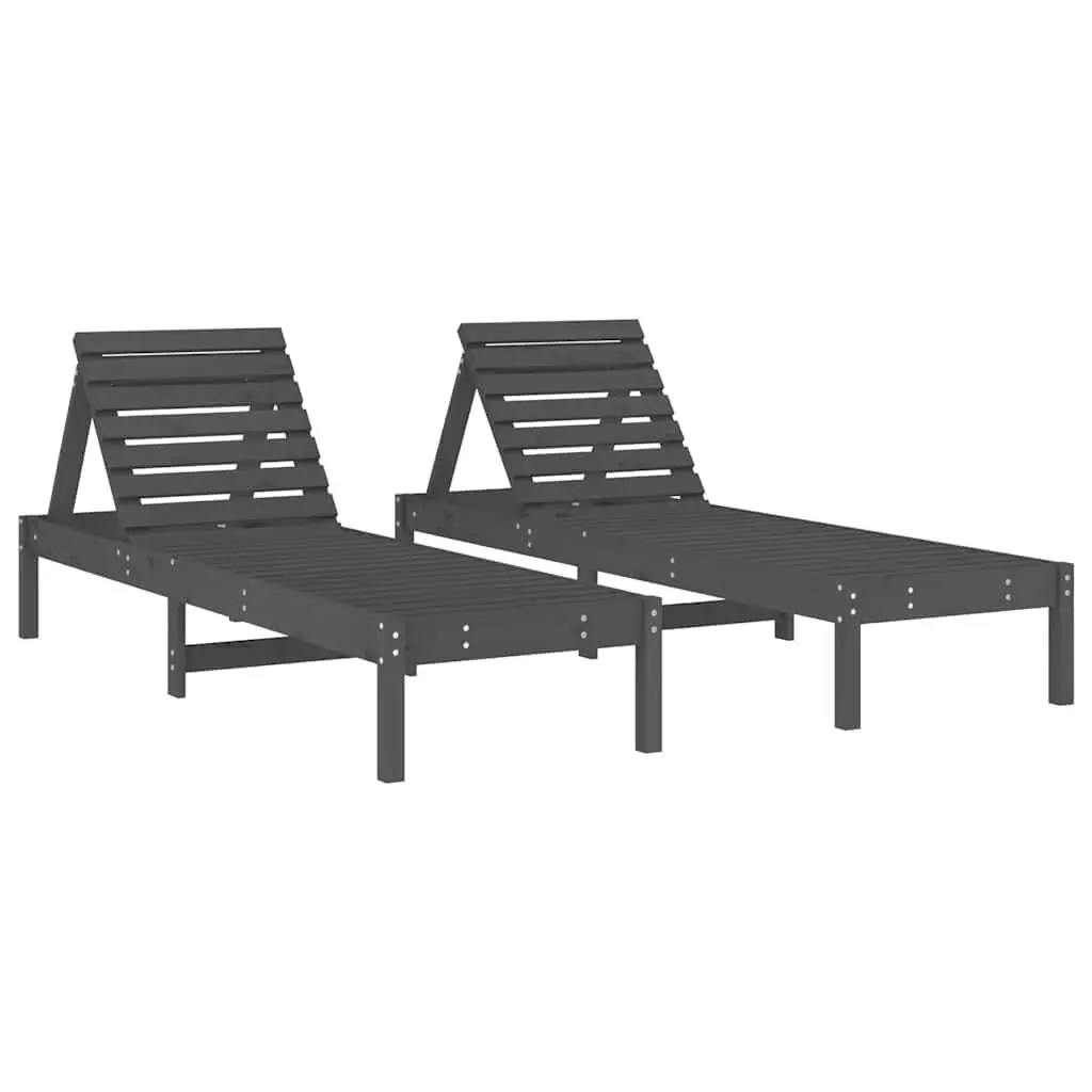 Sun Loungers Solid Pine Wood Grey Adjustable Backrest 2 Piece Outdoor Garden Patio Chairs