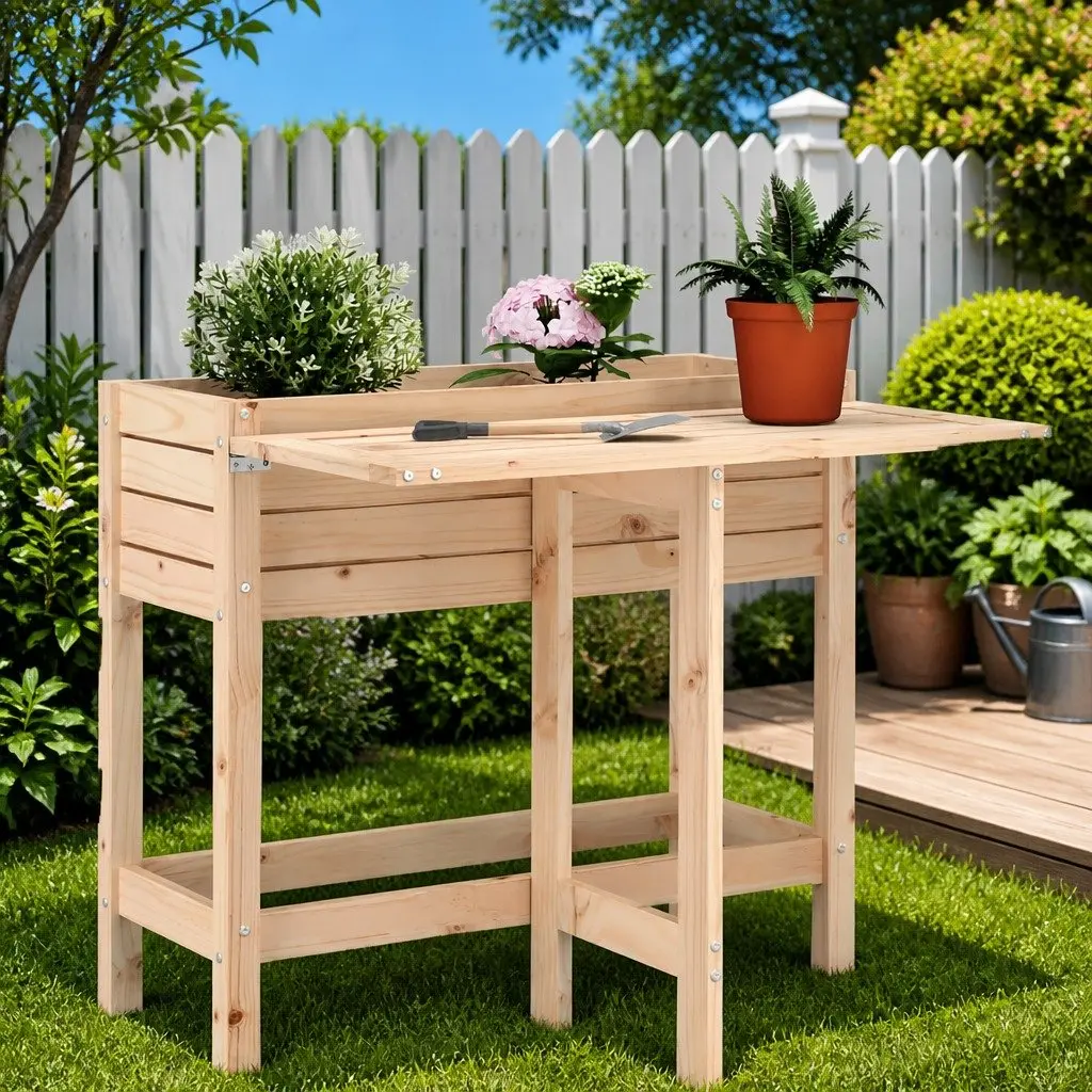 Solid Wood Garden Planter with Folding Tabletop