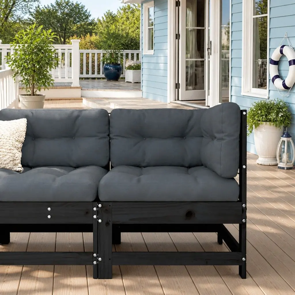 Corner Sofa with Cushions Black Solid Wood Pine Outdoor Patio Garden Sectional