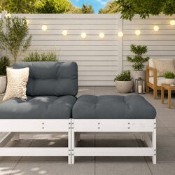 Sturdy White Slatted Wood Garden Footstool with Cushion