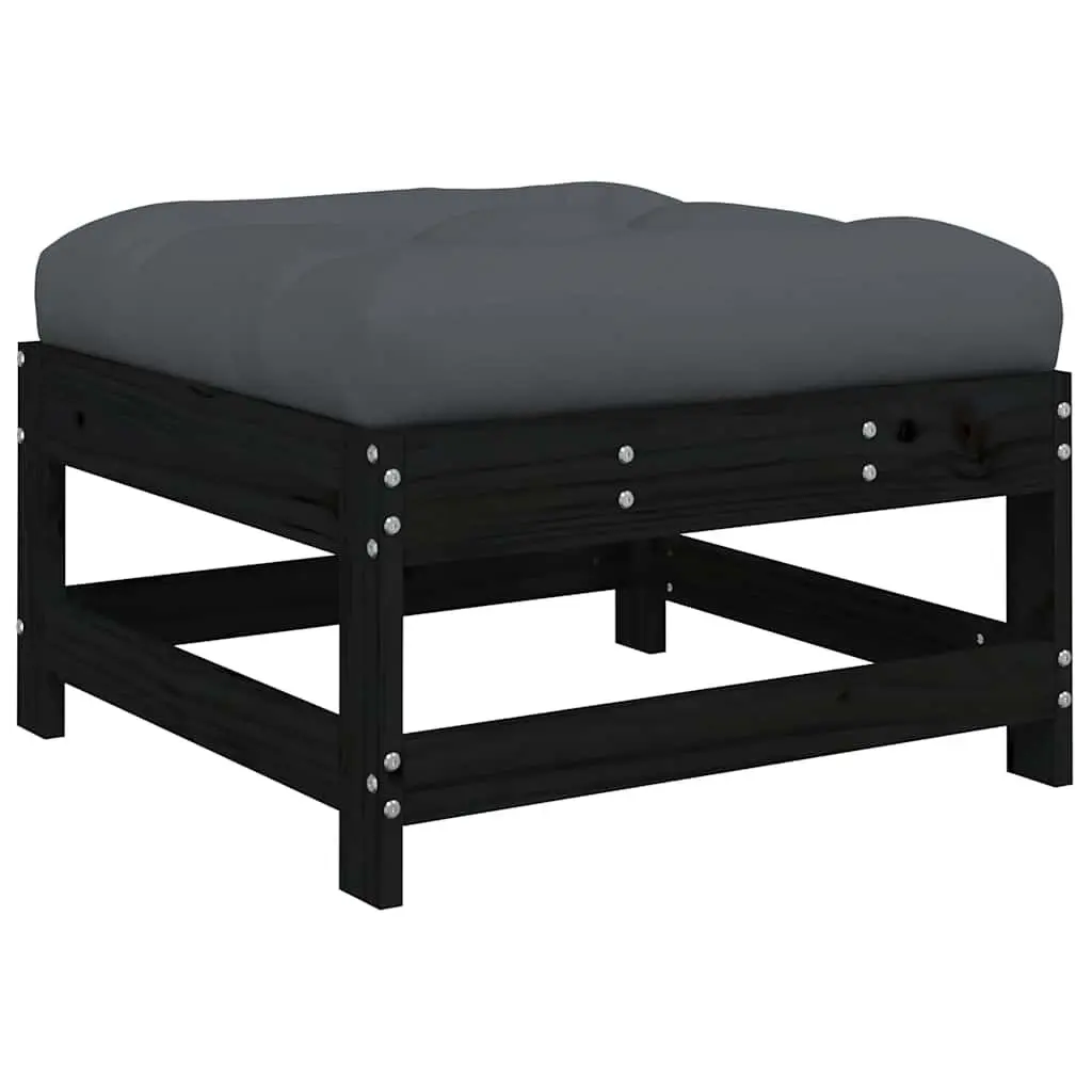 Garden Footstool with Cushion Black Solid Wood Pine Outdoor Seating Patio