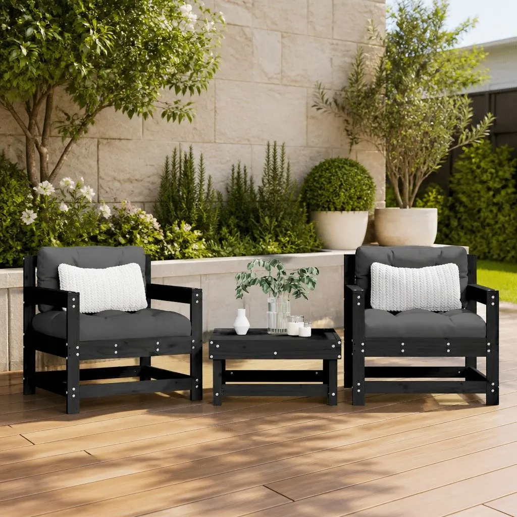 Outdoor Garden Chairs with Cushions 2 Pcs Black Wooden Patio Seating Set