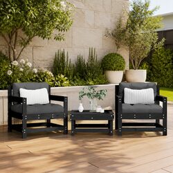 Sturdy Black Wooden Outdoor Chairs with Cushions - 2 Pcs