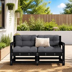 Set of 2 Black Wood Outdoor Garden Chairs with Cushions