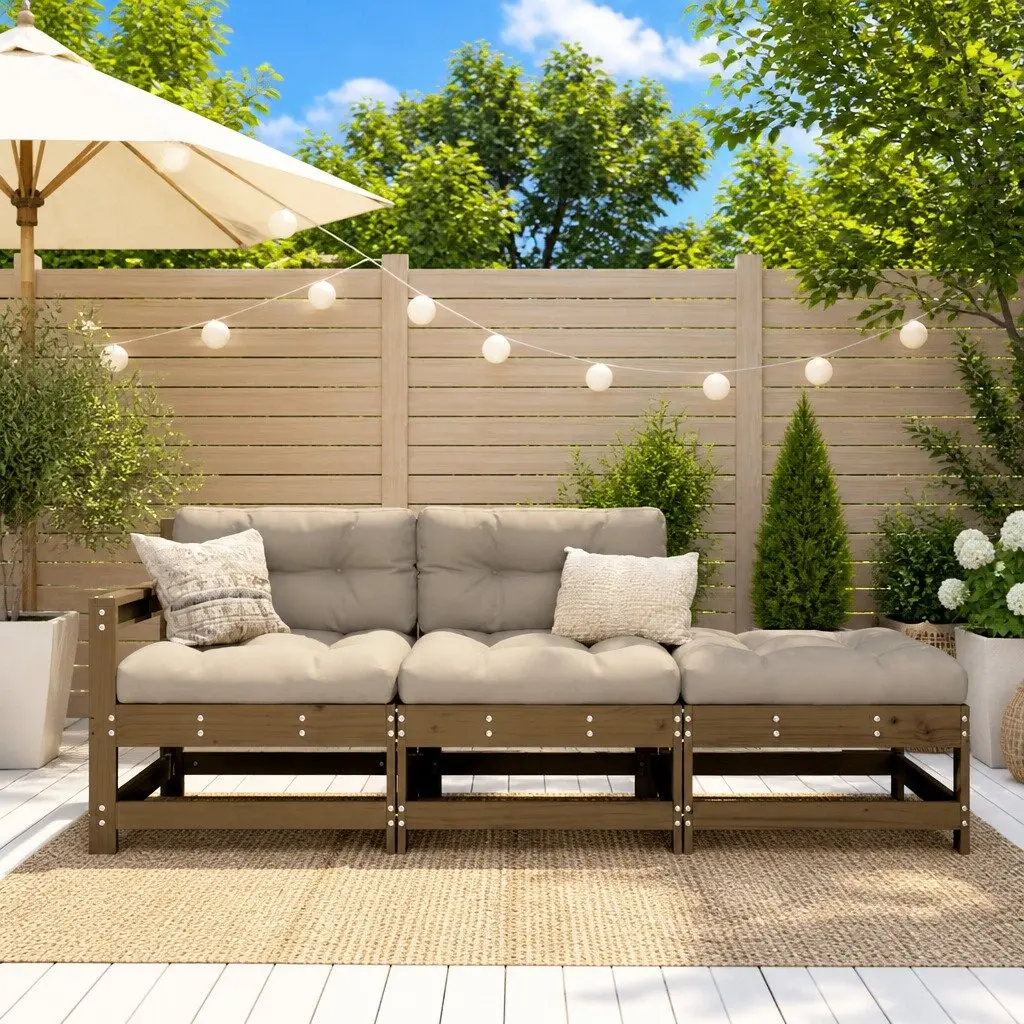 3 Piece Garden Lounge Set Solid Pine Wood Brown with Cushions