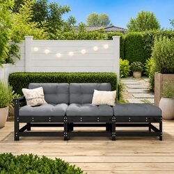 3 Piece Black Garden Lounge Set with Cushions