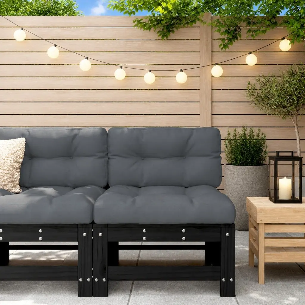 Black Solid Pine Wood Outdoor Middle Sofa with Cushions