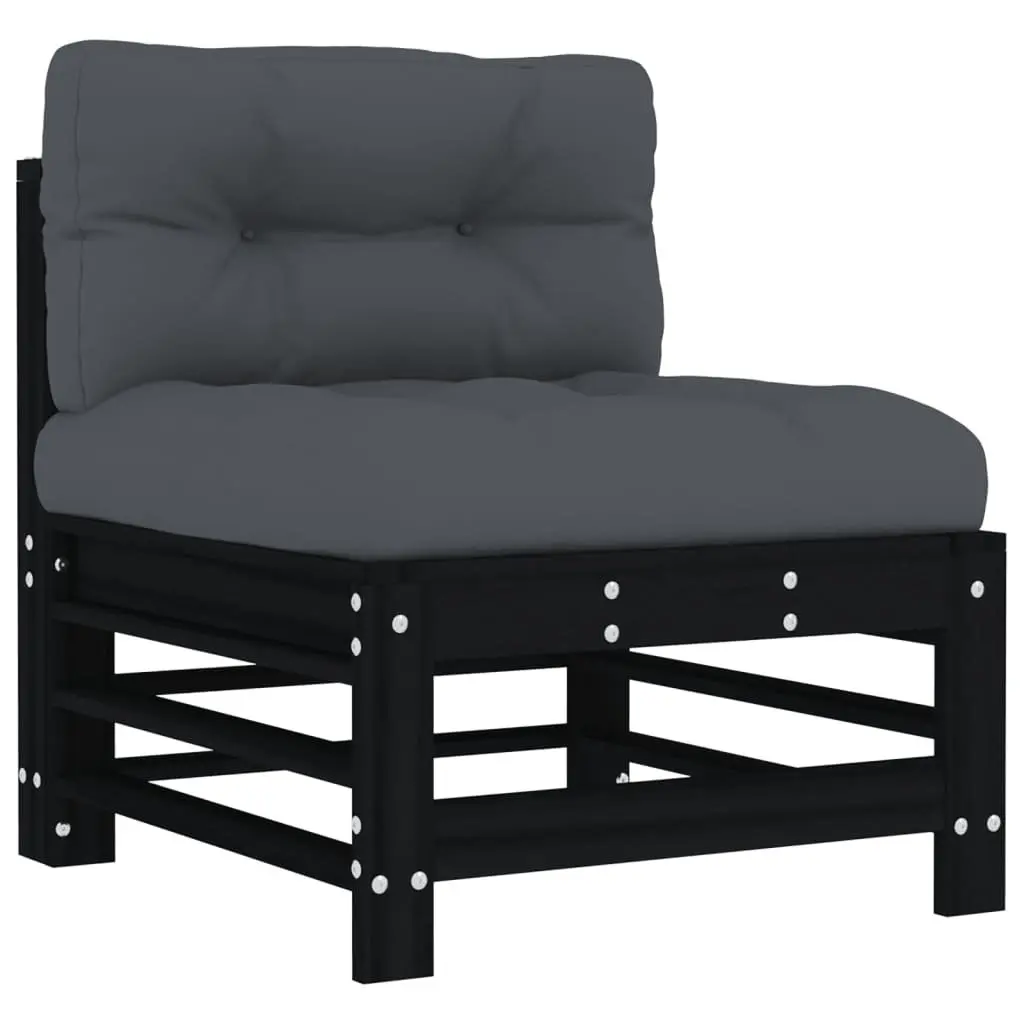 Black Solid Pine Wood Outdoor Middle Sofa with Cushions
