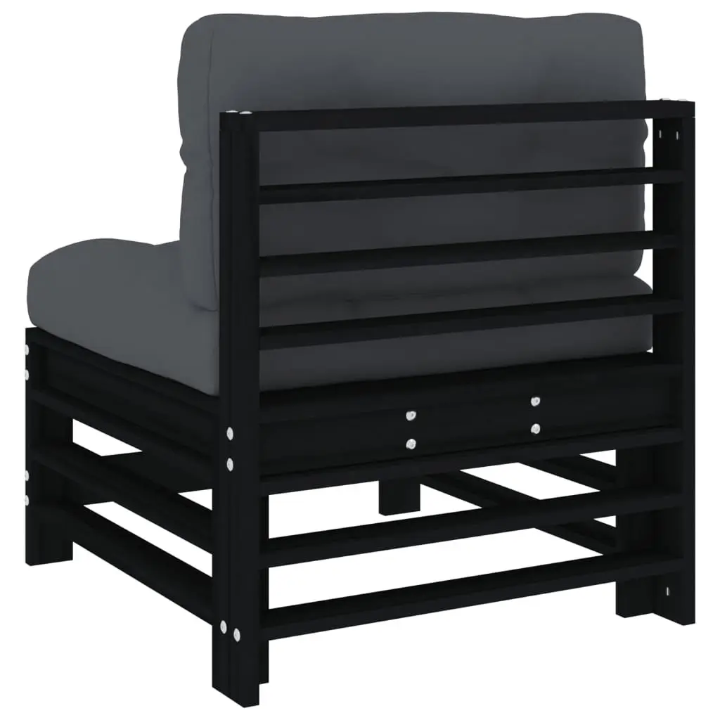 Black Solid Pine Wood Outdoor Middle Sofa with Cushions