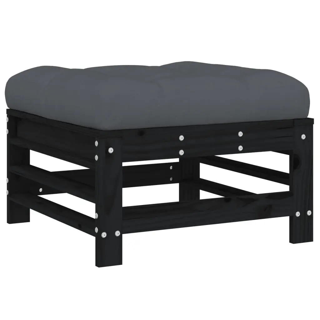 Outdoor Garden Footstool with Cushion Black Solid Pine Wood Slatted Design