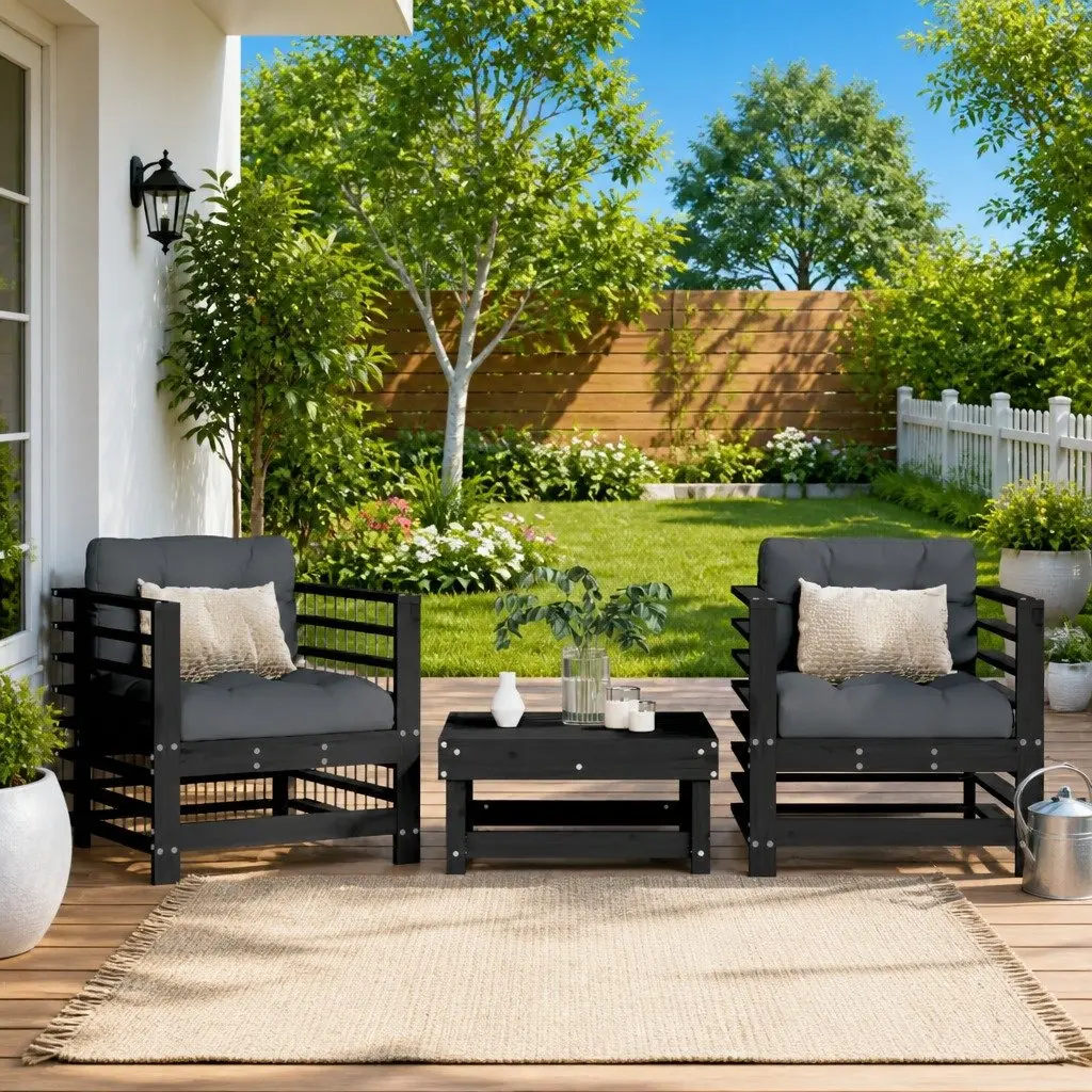 Black Wood Outdoor Garden Chairs with Cushions Set