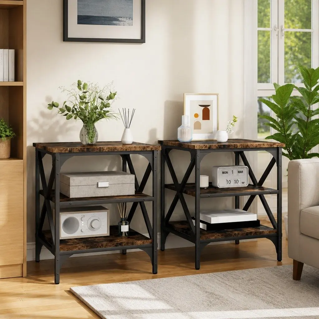 End Tables 2 pcs Brown Industrial Side Table Engineered Wood Storage Furniture