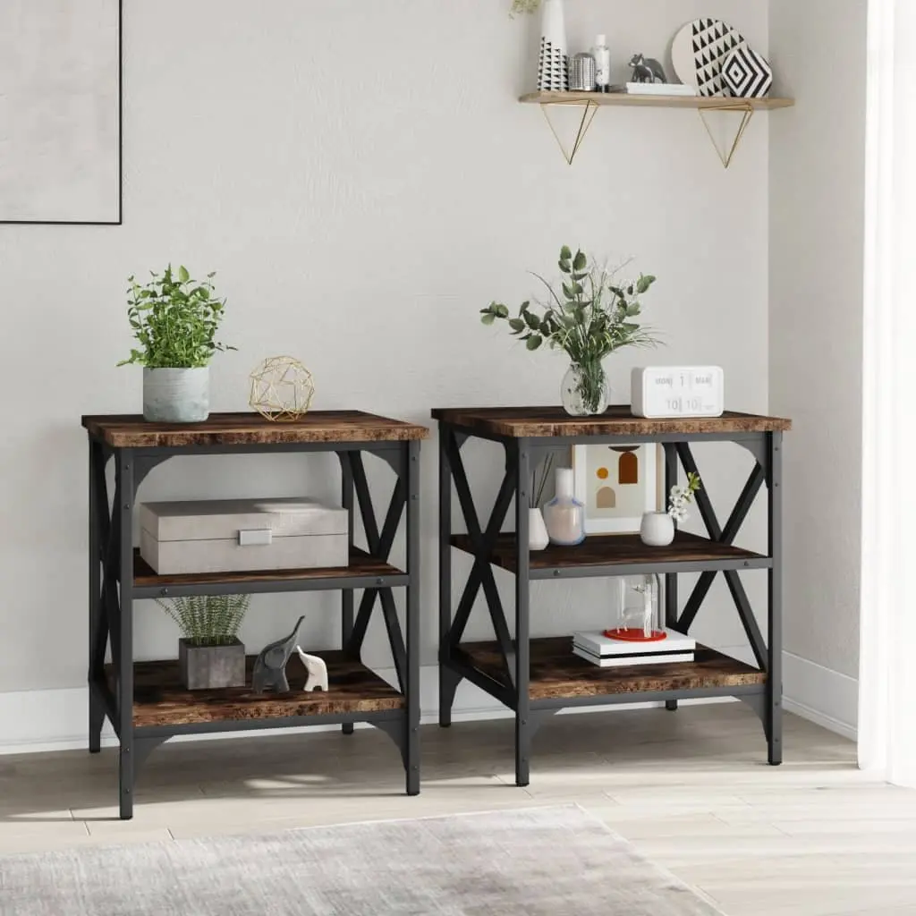 End Tables 2 pcs Brown Industrial Side Table Engineered Wood Storage Furniture