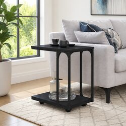 Stylish Black End Table with Wheels and C-Shape Design