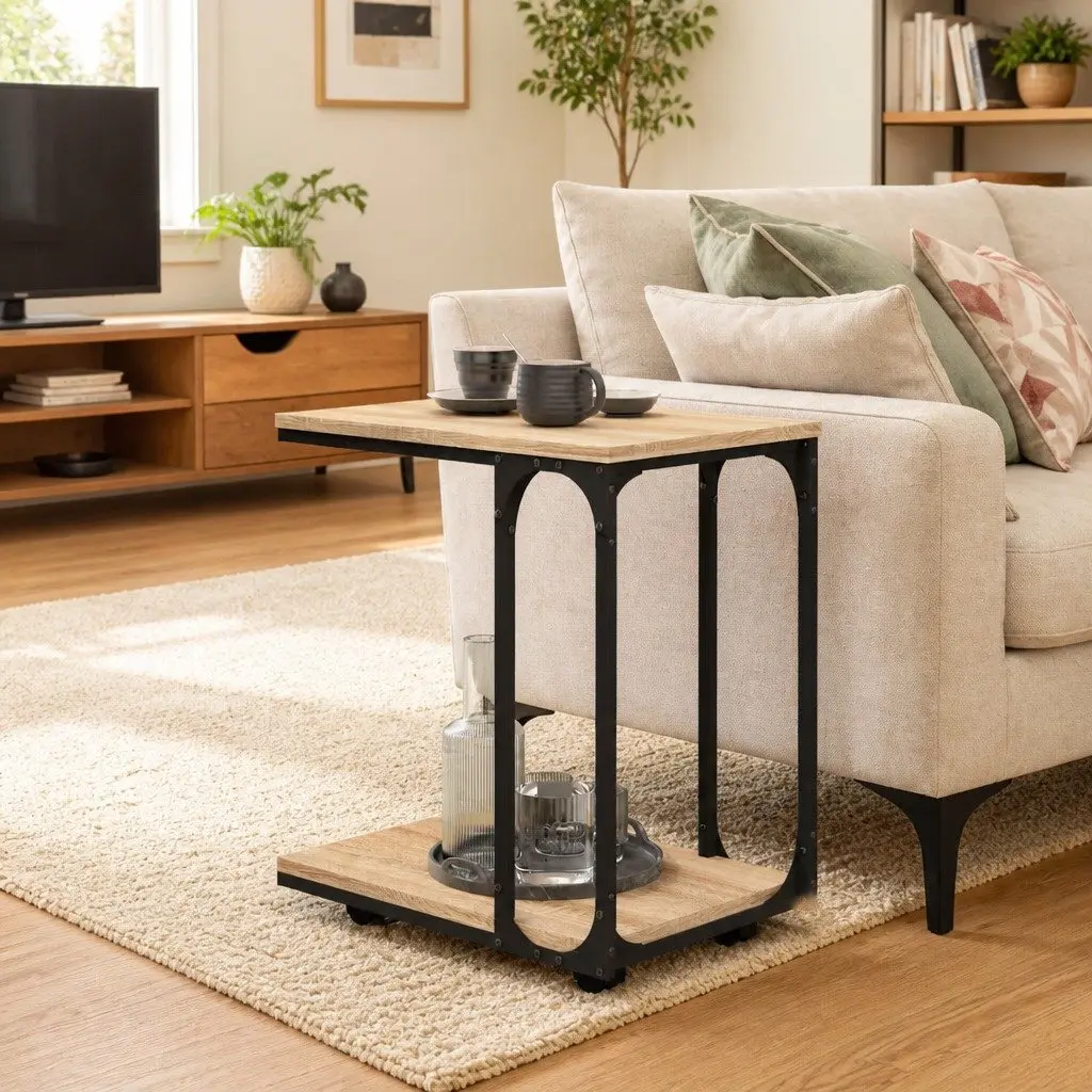 C-Shape End Table with Wheels for Easy Mobility