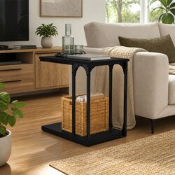Black C-Shape End Table with Storage for Living Spaces