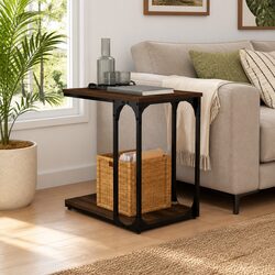 Brown Oak End Table with Engineered Wood and Steel Frame