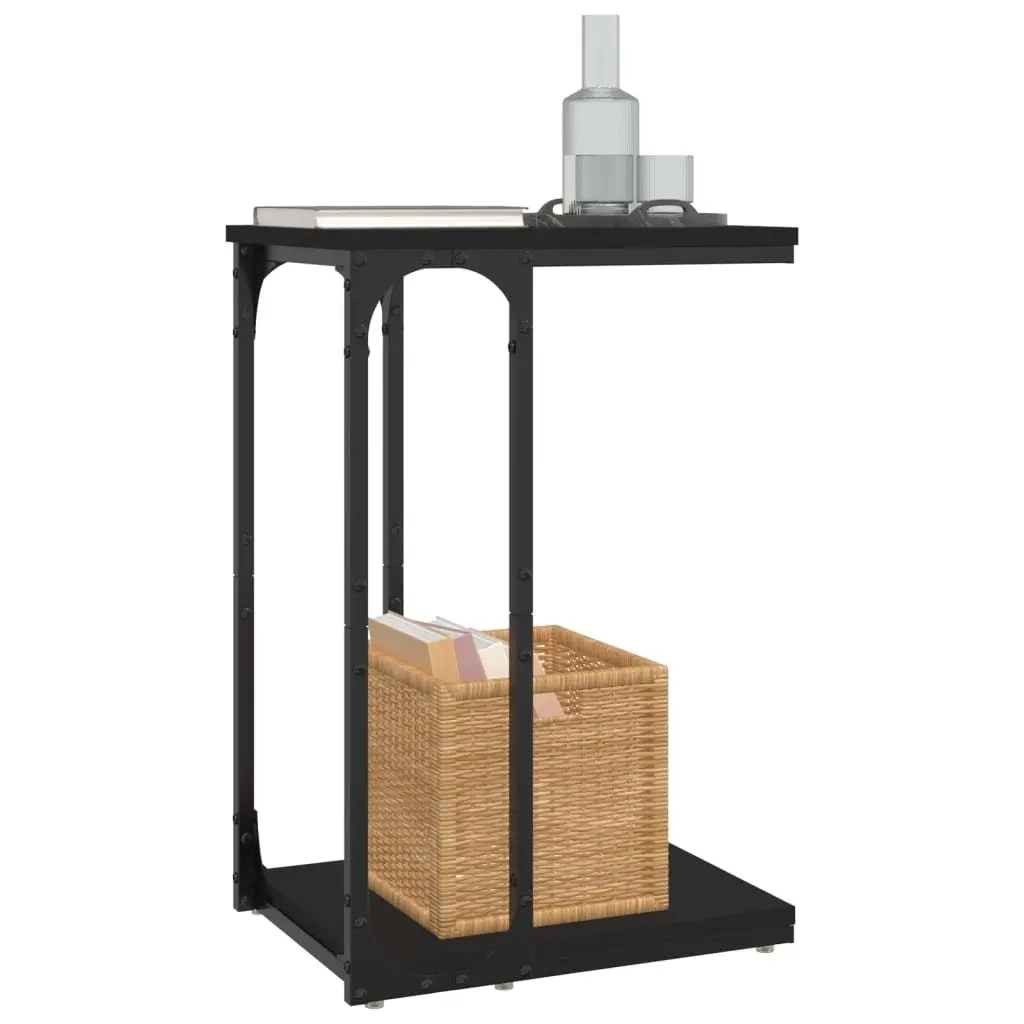 Black End Table C-Shape Design Engineered Wood Accent Table Living Room Storage