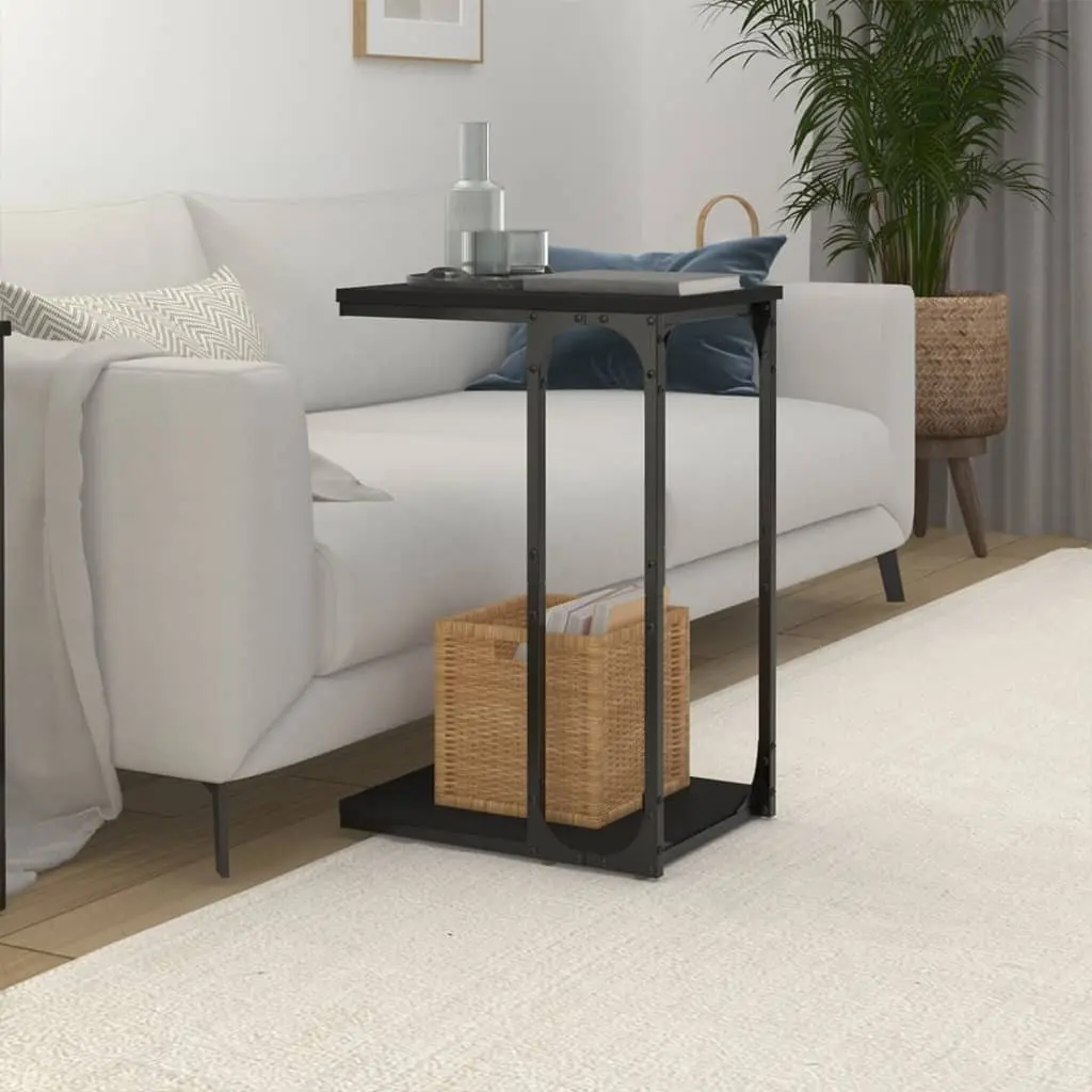 Black End Table C-Shape Design Engineered Wood Accent Table Living Room Storage