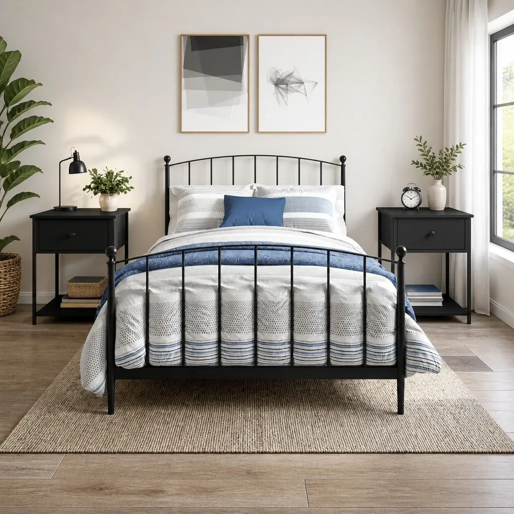Black Bedside Table with Engineered Wood and Metal Frame
