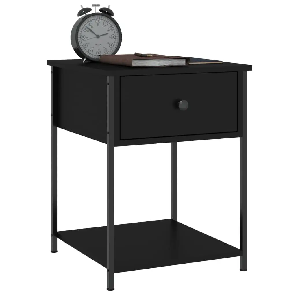 Black Bedside Table with Engineered Wood and Metal Frame