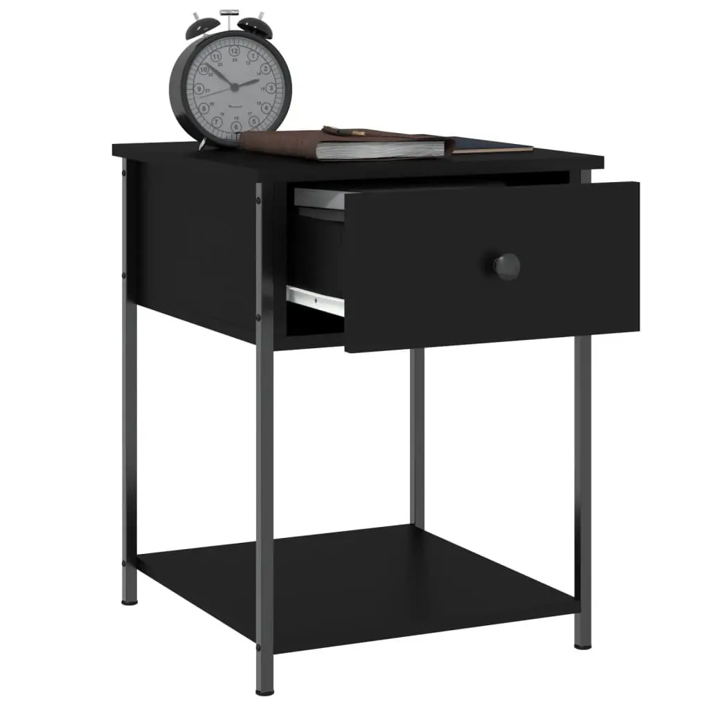 Black Bedside Table with Engineered Wood and Metal Frame