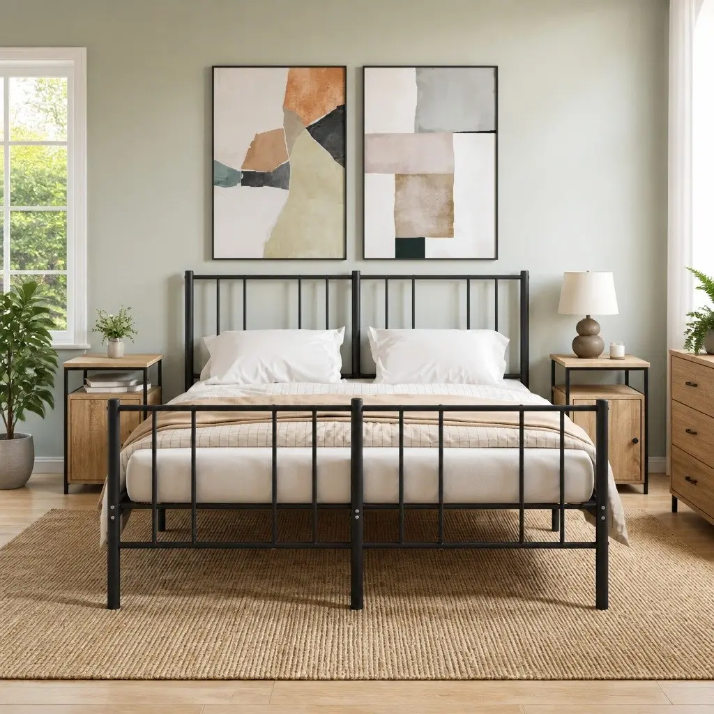 Bedside Tables Engineered Wood Iron Frame Brown 2 Piece