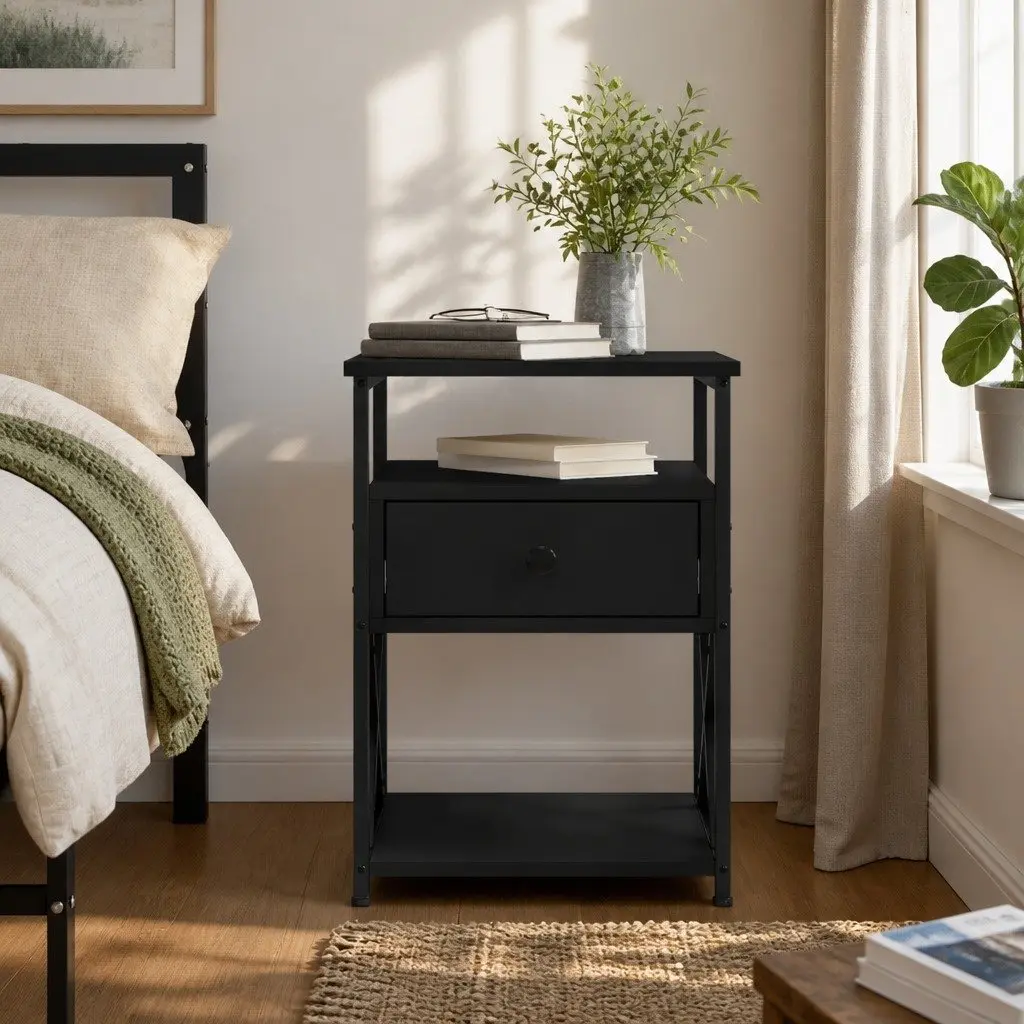 Black Engineered Wood Bedside Cabinet for Storage