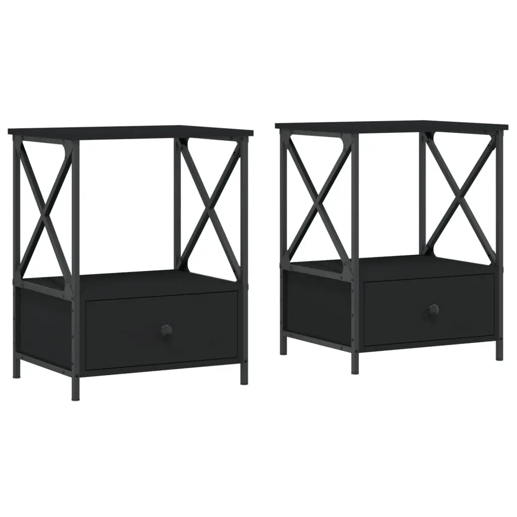 Bedside Tables Engineered Wood Iron Frame 50x41x65 cm Black 2 Piece Industrial Style Nightstand Storage