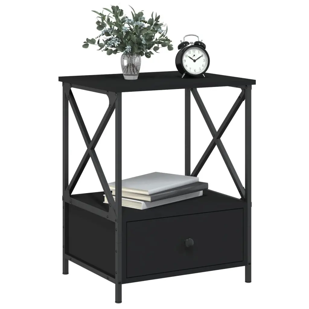Bedside Tables Engineered Wood Iron Frame 50x41x65 cm Black 2 Piece Industrial Style Nightstand Storage