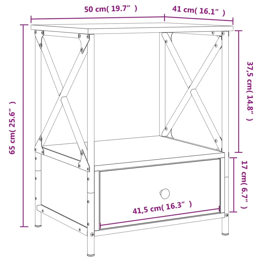 Bedside Tables Engineered Wood Iron Frame 50x41x65 cm Black 2 Piece Industrial Style Nightstand Storage