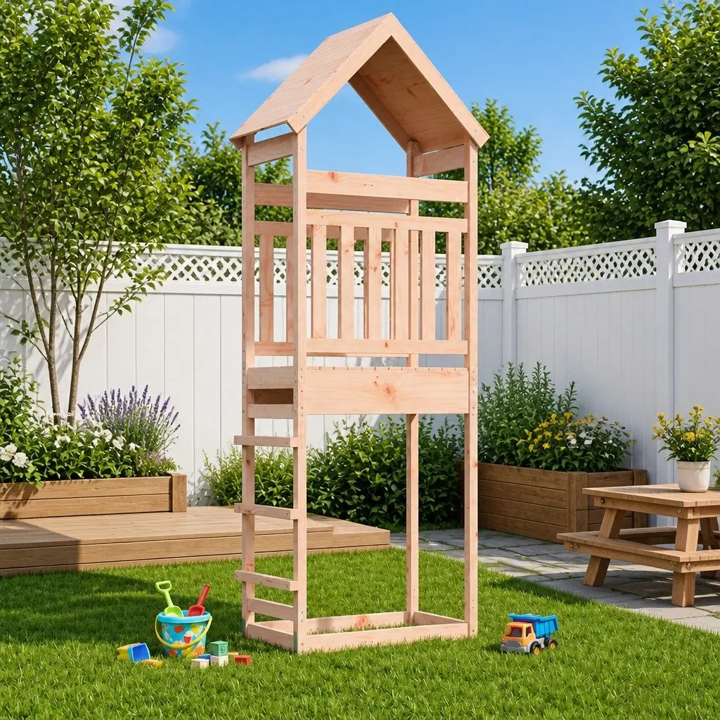 Wooden Play Tower for Kids in Natural Wood