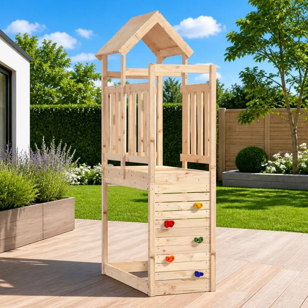 Wooden Play Tower with Rockwall 53x110.5x214 cm