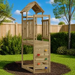 Sturdy Wooden Play Tower with Climbing Rockwall 53x110.5x214cm
