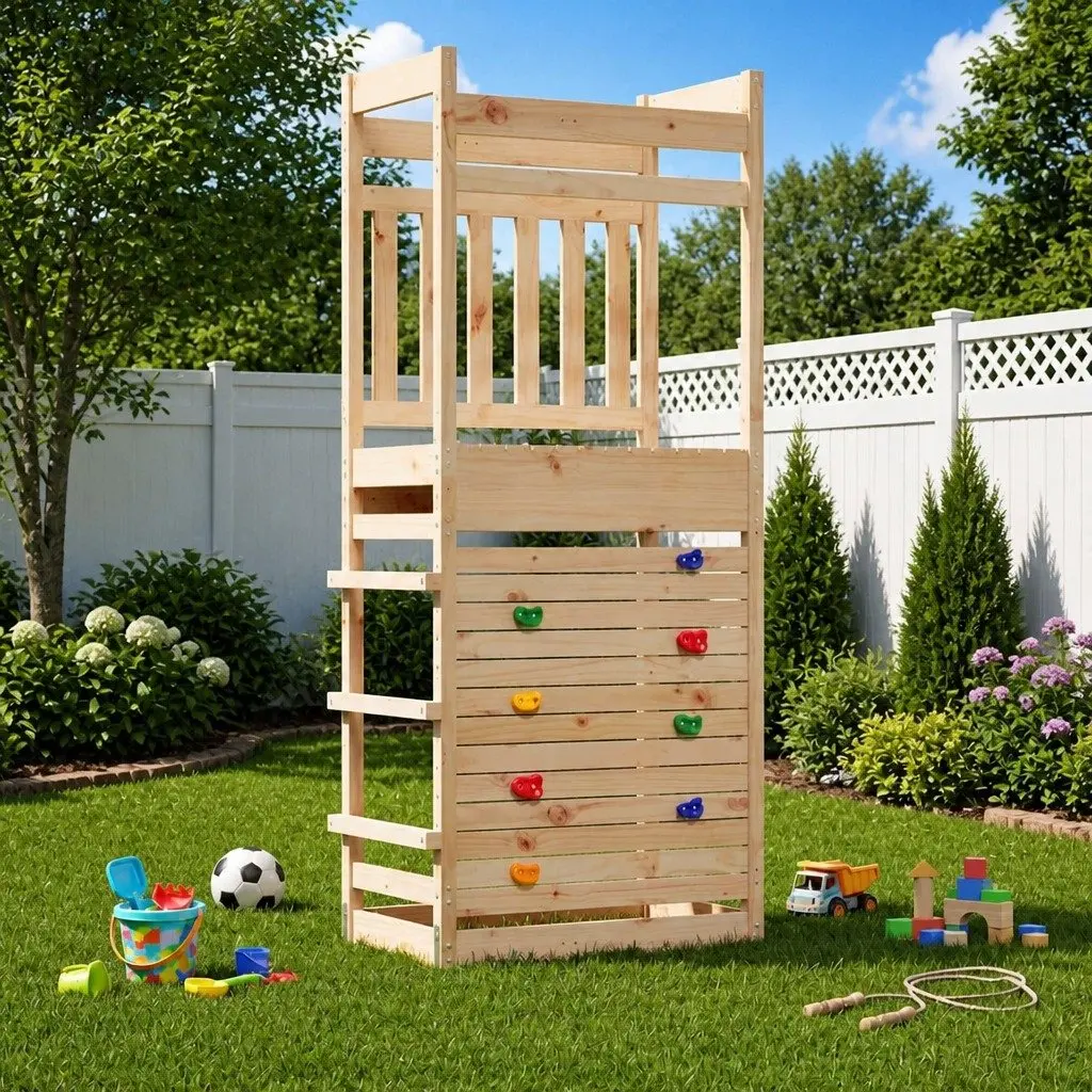 Outdoor Play Tower Wooden Backyard Playset Natural Garden Climbing Equipment