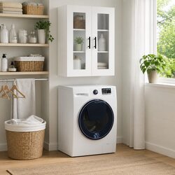 Wall Mounted Cabinet White Storage Hanging Cupboard Glass Door Sideboard