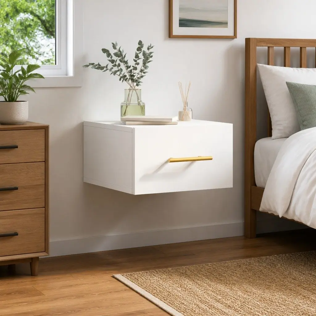 White Floating Nightstand with Storage