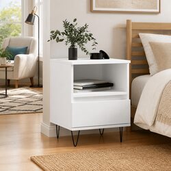 White Engineered Wood Bedside Cabinet with Drawer 40x35x50cm