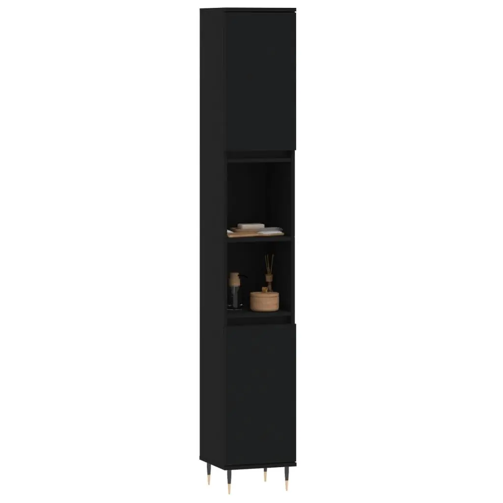 Bathroom Cabinet Engineered Wood 30x30x190cm Black Storage with Shelves Doors