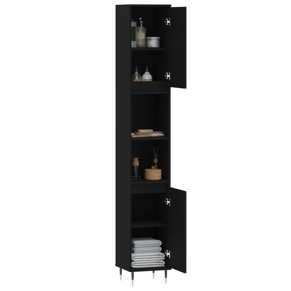 Bathroom Cabinet Engineered Wood 30x30x190cm Black Storage with Shelves Doors