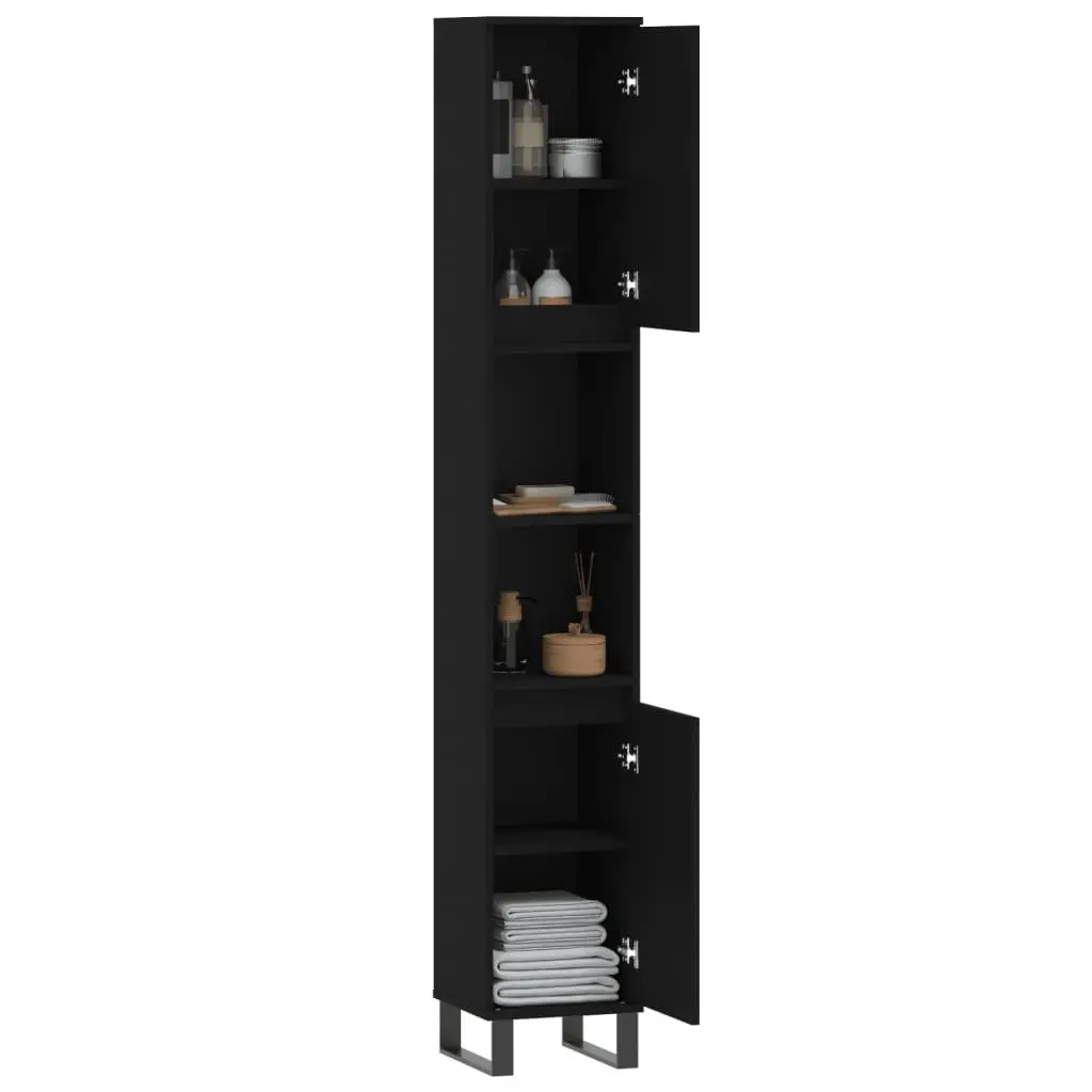 Bathroom Cabinet Engineered Wood Black 30x30x190 cm Tall Storage Cupboard with Doors and Shelves