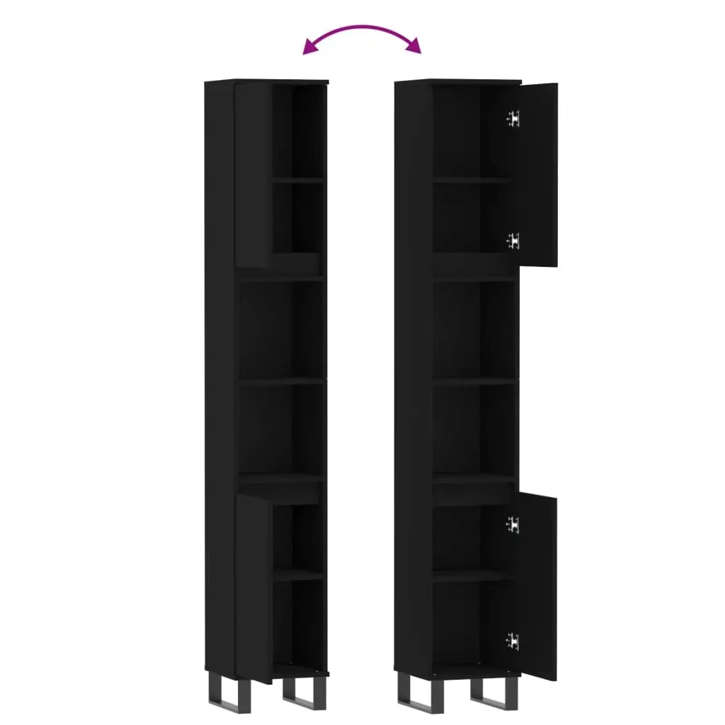 Bathroom Cabinet Engineered Wood Black 30x30x190 cm Tall Storage Cupboard with Doors and Shelves